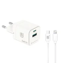 Carregador / Adaptador de Parede Ur UA-11 / 30W / USB-A / USB-C / com Cabo USB-C / Lightning - Branco