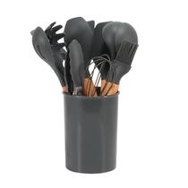 Kit de Utensilios para Cozinha de Silicone com Cabo de Madeira / 12 Pecas com Balde - Cinza Oscuro