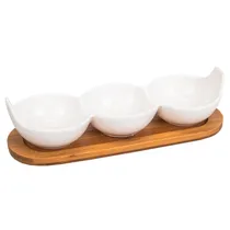 Jogo de Bandeja para Petiscos Em Porcelana com Base de Bambu e 3 Divisorias