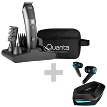Barbeador Quanta QTAPK20 Recarregavel - Cinza + Fone + Estojo (Kit 12 Em 1)