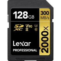 Memória SD SDXC Lexar Professional 2000X Série Gold 300-260 MB/s C10 U3 V90 128 GB (LSD2000128G-Bnnnu)