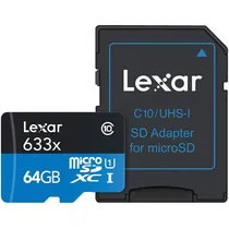 Memória Micro SD Lexar Professional 633X 100-45 MB/s C10 U3 64 GB (LSDMI64GBBNL633A)