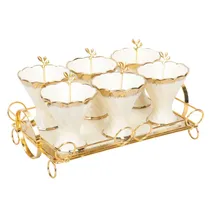 Jogo de Compoteiras de Porcelana com Colher e Base de Madeira 6 Peças - Amarelo com Dourado