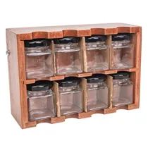 Kit 8 Porta-Temperos com Base de Madeira - Quadrados