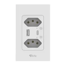 Tomada de Parede 4LIFE Wi-Fi Smart Wall Dual Socket + USB FLS2BRW / 2400W Gang / 2X Socket + 1X USB-A + 1X USB-C / Bluetooth / Compativel com Alexa e Google Home / 100-240V ~50/ 60HZ / App Smart Life - Branco