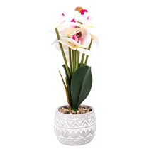 Orquídea Artificial Compacta Branca com Centro Fúcsia – Flor Decorativa Em Vaso Branco