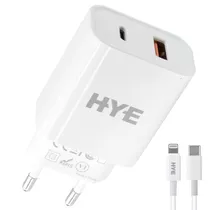 Carregador Tomada Hye HYEC9L+ USB 3.0 / USB-C / 20W - Branco + Cabo USB-C / Lighning