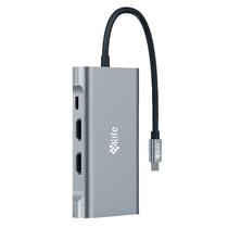 Hub Adaptador Multiporta 4LIFE FL8H USB-C / 8 Em 1 / PD 100W / USB-A X3 / HDMI X2 / USB-C / VGA / Lan - Cinza