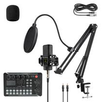 Kit Microfone Condensador Profesional Live Sound + Suporte Articulado + Pop Filter + Mini Mesa Mixer de Sonido - Preto