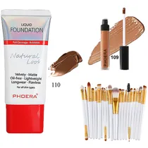 Kit Maquiagem Phoera com Pincéis Kit Otwoo (20 Peças)/Corretor Líquido Full/Base Natural Look - (3 Peças)