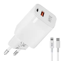 Carregador Tomada Hye HYEC44L USB / USB-C / 30W - Branco + Cabo USB-C / Lightning