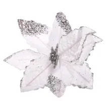 Flor Natalina Branca com Detalhes Prateados