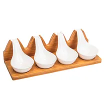 Jogo de Bandeja para Petiscos Em Porcelana com Base de Bambu e 4 Divisorias