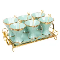 Jogo de Compoteiras de Porcelana com Colher e Base de Madeira 6 Peças - Turquesa com Dourado