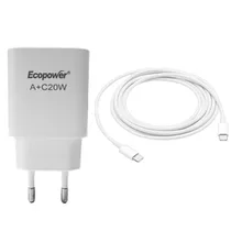 Carregador Ecopower EP-7091 USB-A/USB-C 30W com Cabo - Branco