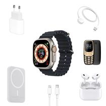 Kit Relogio Smartwatch X8 Plus com Fone de Ouvido + Mini Celular Super Small + Carregador de Parde USB-C com Cabo USB-C para Lightning + Carregador Portatil Magsafe - Preto