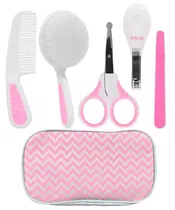 Kit Cuidado Escova Pente Tesora Corta Unhas Lixa e Estojo Buba 7286 (Rosa)