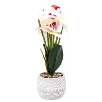 Orquídea Artificial Compacta Branca com Centro Fúcsia – Flor Decorativa Em Vaso Branco