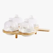 Patisquero de Ceramica Blanco c/Tapa de Vidrio Y Soporte de Bambu 34CMX25CM
