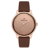 Relógio Analógico Feminino Daniel Klein DK.1.12685-2 Premium Ladies / Pulseira de Couro Genuino - Marrom/Rose Gold