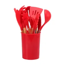 Kit de Utensílios para Cozinha de Silicone com Cabo de Madeira / 12 Peças com Balde - Vermelho