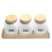 Potes de Cerâmica com Tampa e Base de Bambu 3 PCS