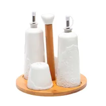 Condimentero de Cerâmica 4 Peças com Suporte de Bambu