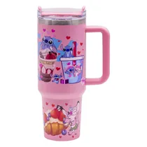 Garrafa Termica Stitch com Tampa / Canudo e Alça / 1200ML - Estampas Variadas/Rosa Claro