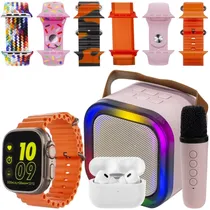 Kit Relógio K15 Combo 49 MM com Bluetooth + Fone de Ouvido Sem Fio + Speaker com Microfone - Rosa