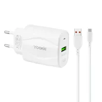 Fonte Carregador Yookie KI98Y - 18W - USB - com Cabo USB/USB-C - Bivolt - Branco