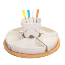 Jogo para Fondue de Porcelana com 12 Peças Base de Bambu 30 CM