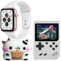Kit Relógio K9-Combo Mini Milk Tea Cow 41 MM com Bluetooth + Fone de Ouvido Sem Fio + Console Portátil