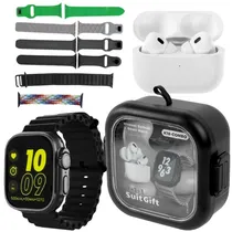 Kit Relógio K18-Combo 49 MM com Bluetooth + Fone de Ouvido Sem Fio + Case Preto