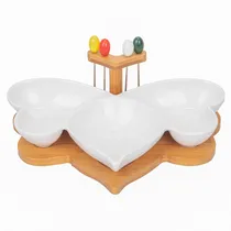Jogo de Bandeja para Petiscos Em Porcelana com Base de Bambu e 5 Divisorias