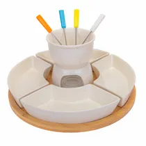 Jogo para Fondue de Porcelana com 12 Pç Base de Bambu de 30CM