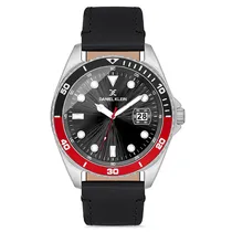 Relogio Analógico Masculino Daniel Klein DK.1.12665-2 Premium Gents / Pulseira de Couro Genuino - Preto/Vermelho/Prata