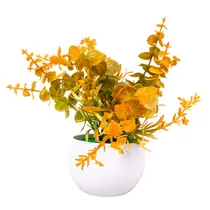 Planta Artificial Decorativa Amarela Em Vaso Branco Redondo – Mini Folhagem Compacta