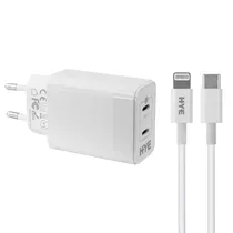 Fonte Carregador Hye HYEC121L - 20W+20W - 2X USB-C - com Cabo USB-C/Lightning - Bivolt - Branco