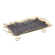 Bandeja de Porcelana com Suporte Metálico - Negro com Detalhes Dourados