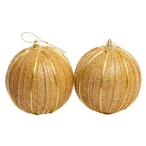 Bola de Natal Dourada com Listras e Purpurina 10CM 2UN