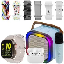 Kit Relógio K15 Combo 49 MM com Bluetooth + Fone de Ouvido Sem Fio + Speaker com Microfone - Azul Claro