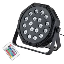 Refletor LED HKX-1052 Mini Flat Par Light / 18 Leds com Suporte e Controle Remoto / Bivolt - Preto
