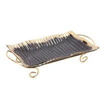 Bandeja de Porcelana com Suporte Metálico - Negro com Detalhes Dourados
