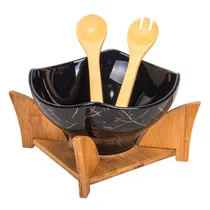 Saladeira de Porcelana com Suporte de Madeira e Palitos de Bambu