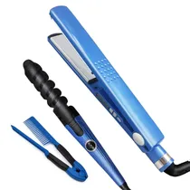 Kit 3 Em 1 para Cabelo Nano Titanium com Chapinha / Prancha de Cabelo / Modelador de Cachos e Pente - Bivolt - Azul