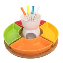 Jogo para Fondue de Porcelana com 12 Pç Base de Bambu de 30CM