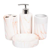 Kit Banheiro Porcelana Branco/Rosa Marmorizado 4PÇS