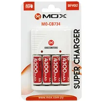 Carregador de Pilha Mox MO-CB734 AA / AAA / 9V - Branco + Kit com 4 Pilhas AA