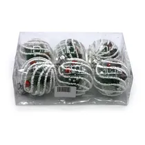 Bola Transparente com Listra Branca e Raminho de Pinheiro 6CM 6 Peças.