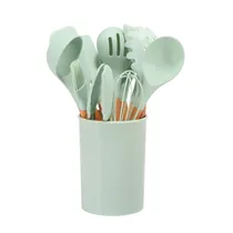 Kit de Utensílios para Cozinha de Silicone com Cabo de Madeira / 12 Peças com Balde - Verde Claro